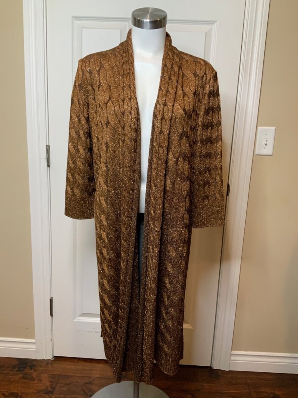 St. John Shimmering Bronze Long Cable Knit Cardigan, Size M, NWT $895, Size M